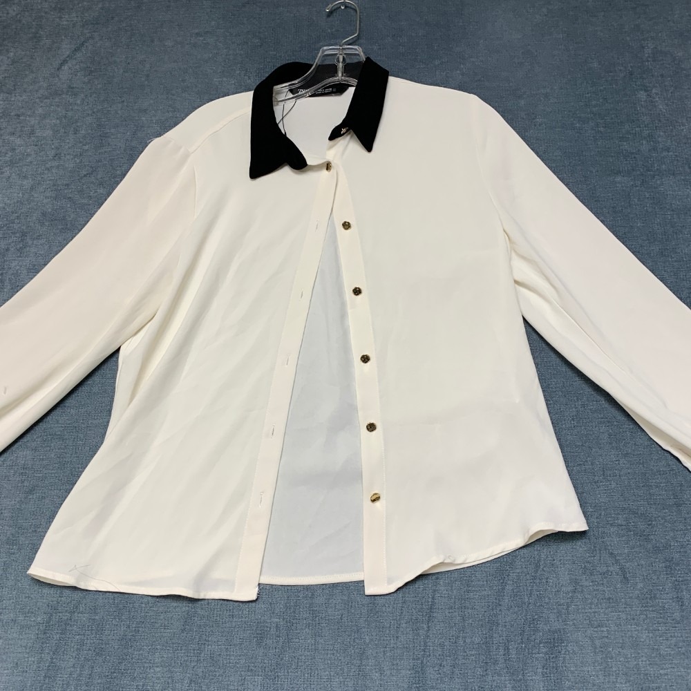 Zara Contrast Collar Crepe Shirt Women Small Black White Regular Fit Long Sleeve